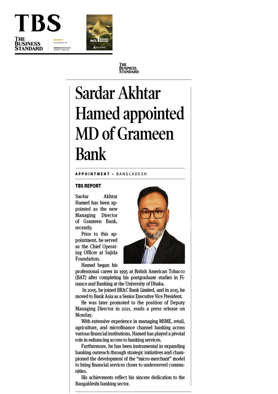 Grameen Bank appoints Sardar Akhtar Hamid as Managing Director